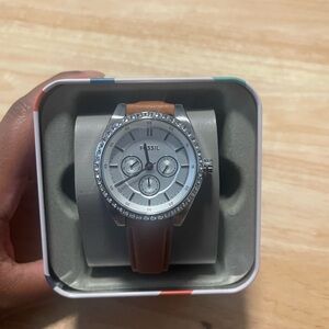 Fossil womens Silver Dial Watch with Brown Leather Strap